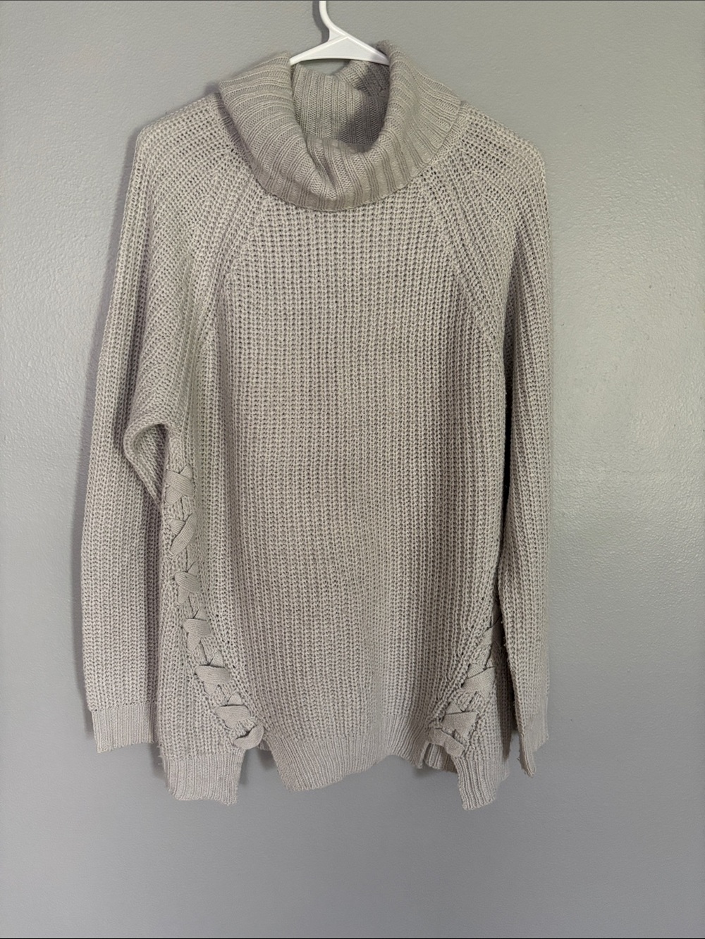 Polly & Esther Light Gray Cowl Neck Knit Sweater with Side Lace-Up